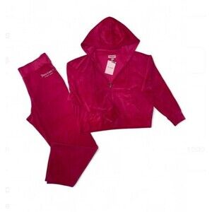 Juicy Couture Velour Tracksuit Set Women’s L Vixen Pink Hoodie Zip Up &Pants New